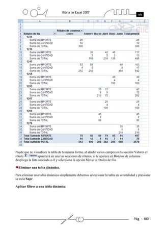 Puede que no visualices la tabla de la misma forma, al añadir varios campos en la sección Valores el
rótulo            aparecerá en una las secciones de rótulos, si te aparece en Rótulos de columna
despliega la lista asociada a él y selecciona la opción Mover a rótulos de fila.

  Eliminar una tabla dinámica.

Para eliminar una tabla dinámica simplemente debemos seleccionar la tabla en su totalidad y presionar
la tecla Supr.

Aplicar filtros a una tabla dinámica
 