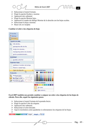 Seleccionar el menú Formato.
       Elegir la opción Ocultar y mostrar.
       Aparecerá otro submenú.
       Elegir la opción Mostrar hoja...
       Aparecerá el cuadro de diálogo Mostrar de la derecha con las hojas ocultas.
       Seleccionar la hoja a mostrar.
       Hacer clic en Aceptar.

Cambiar el color a las etiquetas de hoja




Excel 2007 también nos permite cambiar o asignar un color a las etiquetas de las hojas de
cálculo. Para ello, seguir los siguientes pasos:

       Seleccionar el menú Formato de la pestaña Inicio.
       Elegir la opción Color de etiqueta.
       Aparecerá otro submenú.
       Seleccionar el color deseado.
       Aqui te mostramos como quedarían si colorearamos las etiquetas de las hojas.
 