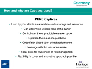 How and why are Captives used?PURE Captives•  Used by your clients as a mechanism to manage self insurance•  Can underwrite various risks of the owner•  Control over the unpredictable market cycle•  Optimise the insurance purchase•  Cost of risk based upon actual performance•  Leverage with the insurance market•  Focal point for awareness of risk management•  Flexibility in cover and innovative approach possible