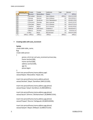 DBMS LAB ASSIGNMENT
3 010BScCSIT10
 Creating table with auto_increment
Syntax
create table table_name;
E.g.
create table person
(
person_id int not null auto_increment primary key,
fname varchar(100),
lname varchar(100),
address varchar(100),
age int,
phone bigint
);
insert into person(fname,lname,address,age)
values('Rajeev','Manandhar','Naxal',24);
insert into person(fname,lname,address,phone)
values('Avishek','Satyal','Gairidhara',9841121326);
insert into person(fname,lname,address,age,phone)
values('Avaya','Satyal','Gairidhara',25,9841689411);
insert into person(fname,lname,address,age,phone)
values('Ayush','Ghimire','Old Baneshwor',20,9849611554);
insert into person(fname,lname,address,age,phone)
values('Prajwol','Sharma','Hattigauda',20,9849102030);
insert into person(fname,lname,address,age,phone)
values('Satyam','Nepal','Dillibazar',22,9841571219);
 
