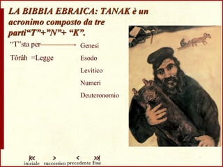 LA BIBBIA EBRAICA: TANAK è un acronimo composto da tre parti“T”+”N”+ “K”. Genesi Esodo Levitico Numeri Deuteronomio “ T”sta per  Tôrâh  =Legge 