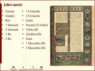 Libri storici Giosuè Giudici Rut 1 Samuele 2 Samuele 1 Re 2 Re 1 Cronache 2 Cronache Esdra Neemia (2 Esdra) Tobia (D) Giuditta (D) Ester  1 Maccabei (D) 2 Maccabei (D) 