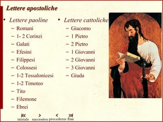 Lettere apostoliche Lettere paoline Romani 1- 2 Corinzi Galati Efesini Filippesi Colossesi 1-2 Tessalonicesi 1-2 Timoteo Tito Filemone Ebrei Lettere cattoliche Giacomo 1 Pietro 2 Pietro 1 Giovanni 2 Giovanni 3 Giovanni Giuda 