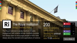 The Royal Institution
Biology, Chemistry, Physics years of captivating
young minds
200
Teaching the practical
art of science to a
core 17-35 audience Visit on Bibblio
 