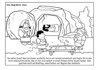 Da nahm Josef den Leichnam, wickelte ihn in ein reines Leinentuch und legte ihn in das
noch unbenutzte Grab, das er für sich selbst in einen Felsen hatte hauen lassen. Das
geschah noch am Rüsttag, unmittelbar vor Beginn des Sabbats.
Das Begräbnis Jesu
 