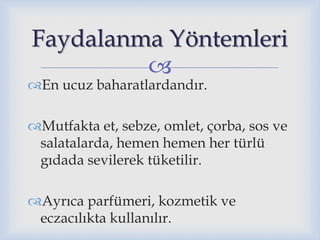 
En ucuz baharatlardandır.
Mutfakta et, sebze, omlet, çorba, sos ve
salatalarda, hemen hemen her türlü
gıdada sevilerek tüketilir.
Ayrıca parfümeri, kozmetik ve
eczacılıkta kullanılır.
Faydalanma Yöntemleri
 