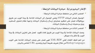 •‫العنصر‬‫الثاني‬‫من‬‫خمطط‬‫مبادرة‬‫البيانات‬‫الرابطة‬:
‫الوصول‬‫ملصادر‬‫البيانات‬HTTP‫وتعين‬‫الوصول‬‫إىل‬‫البيانات‬‫املتاحة‬‫يف‬‫بيئة‬‫ا‬‫لويب‬‫عن‬‫طريق‬
‫بروتكوالت‬‫تعمل‬‫على‬‫تنظيم‬‫عمليتني‬‫إرسال‬‫واستقبال‬‫البيانات‬‫وا‬‫جهة‬‫نظام‬‫تشغيل‬‫املستفيد‬
‫وبني‬‫برجميات‬‫إرسال‬‫واستقبال‬‫البيانات‬.
•‫العنصر‬‫الثالث‬‫من‬‫خمطط‬‫مبادرة‬‫البيانات‬‫الرابطة‬:
‫وصف‬‫البيانات‬‫املتاحة‬‫يف‬‫بيئة‬‫الويب‬‫عن‬‫طريق‬‫لغات‬‫تكويد‬‫ت‬‫عمل‬‫على‬‫ختزين‬‫البيانات‬‫يف‬‫بيئة‬
‫الويب‬‫يف‬‫شكل‬‫بناء‬‫مهيكل‬.
‫من‬‫أهم‬‫تلك‬‫اللغات‬‫لغيت‬XML-RDF‫فهي‬‫تعمل‬‫على‬‫وصف‬‫البيانات‬‫املتاحة‬‫على‬‫ا‬‫لويب‬
Markup Languages‫من‬‫خالل‬‫تعريف‬‫طبيعة‬‫البيان‬‫وحتديد‬URL‫اخلاص‬‫بالبيان‬.
‫الببليوجرايف‬ ‫اإلطار‬:‫الرابطة‬ ‫البيانات‬ ‫مبادرة‬:
 