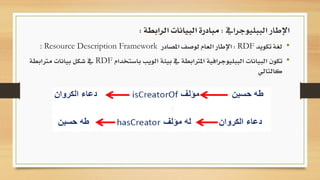 •‫لغة‬‫تكويد‬RDF:‫اإلطار‬‫العام‬‫لوصف‬‫املصادر‬: Resource Description Framework
•‫تكون‬‫البيانات‬‫الببليوجرافية‬‫املرتابطة‬‫يف‬‫بيئة‬‫الويب‬‫باستخدام‬RDF‫يف‬‫شكل‬‫بيانات‬‫مرتابط‬‫ة‬
‫كالتالي‬
‫الببليوجرايف‬ ‫اإلطار‬:‫الرابطة‬ ‫البيانات‬ ‫مبادرة‬:
 