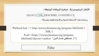(SELECT, ASK, DESCRIBE, CONSTRUCT)
‫يستخدم‬‫هذا‬‫االستعالم‬‫للسؤال‬‫واإلجابة‬‫فقط‬‫بنعم‬‫أوال‬:
‫الببليوجرايف‬ ‫اإلطار‬:‫الرابطة‬ ‫البيانات‬ ‫مبادرة‬:
Prefixed foaf : < http:/www.cybrarians.org/program-bibf.html >
ASK {
Foaf: <http://www.cybrarians.org/program-
bibf.html/dayone>:author “ ‫د‬.‫الدين‬ ‫حسام‬ ‫مصطفى‬ ”}
False
 