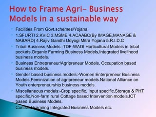  Facilities From Govt.schemes/Yojana
 1.SFURTI 2.KVIC 3.MSME 4.ACAABC(By IMAGE,MANAGE &
NABARD) 4.Rajiv Gandhi Udyogi Mitra Yojana 5.R.I.D.C
 Tribal Business Models:-TDF-WADI Horticultural Models in tribal
pockets.Organic Farming Business Models,Integrated livelihood
business models.
 Business Entrepreneur/Agripreneur Models, Occupation based
business models.
 Gender based business models:-Women Enterpreneur Business
Models,Feminization of agripreneur models.National Alliance on
Youth enterpreneurship business models.
 Miscellaneous models:-Crop specific, Input specific,Storage & PHT
specific,Non-farm rural Cottage based Intervention models.ICT
based Business Models.
 Contract Farming Integrated Business Models etc.
 