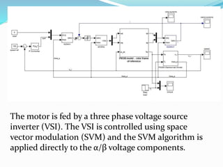 The motor is fed by a three phase voltage source
inverter (VSI). The VSI is controlled using space
vector modulation (SVM) and the SVM algorithm is
applied directly to the α/β voltage components.
 