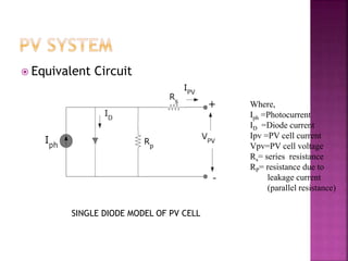  Equivalent Circuit
SINGLE DIODE MODEL OF PV CELL
Where,
Iph =Photocurrent
ID =Diode current
Ipv =PV cell current
Vpv=PV cell voltage
Rs= series resistance
RP= resistance due to
leakage current
(parallel resistance)
 