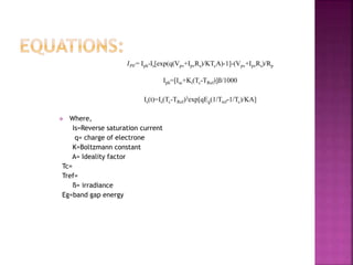 𝐼 𝑃𝑉= Iph-Is[exp(q(Vpv+IpvRs)/KTcA)-1]-(Vpv+IpvRs)/Rp
Iph=[Isc+Ki(Tc-TRef)]ß/1000
Is(t)=Is(Tc-TRef)3exp[qEg(1/Tref-1/Tc)/KA]
 Where,
Is=Reverse saturation current
q= charge of electrone
K=Boltzmann constant
A= Ideality factor
Tc=
Tref=
ß= irradiance
Eg=band gap energy
 