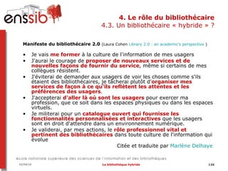 4. Le rôle du bibliothécaire 4.3. Un bibliothécaire « hybride » ? <ul><li>Manifeste du bibliothécaire 2.0  (Laura Cohen  L...
