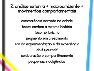 2. análise externa + macroambiente +
    movimentos comportamentais

     concorrência acirrada na cidade
      todos contam a mesma história
             foco no turismo
        segmento em crescimento
  era da experimentação e da experiência
              Do it yourself
     colaboração e compartilhamento
          pequenas indulgências
 