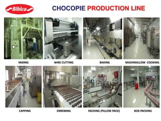 MIXING WIRE CUTTING BAKING MASHMALLOW COOKING
CHOCOPIE PRODUCTION LINE
CAPPING ENROBING BOX PACKINGPACKING (PILLOW PACK)
 