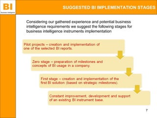 BI
Business Intelligence
                                             SUGGESTED BI IMPLEMENTATION STAGES


                        Considering our gathered experience and potential business
                        intelligence requirements we suggest the following stages for
                        business intelligence instruments implementation




                                                                                        7
 