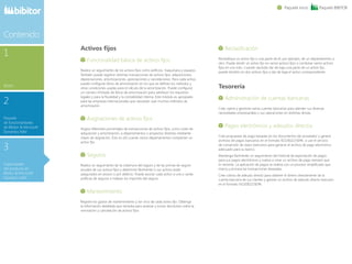 Capacіdades
del producto en
Bibitor  Microsoft
Dynamics NAV
3
Paquete
de funcionalidades
de Bibitor  Mіcrosoft
Dynamics NAV
2
Bibitor
1
Contenido
Paquete inicio Paquete BIBITOR
Activos fiјos
	Funcionalidad básica de activos fijos
Realice un seguimiento de los activos fijos como edificios, maquinaria y equipos.
También puede registrar distintas transacciones de activos fijos: adquisiciones,
depreciaciones, amortizaciones, apreciaciones y cancelaciones. Para cada activo,
puede configurar libros de amortización en los que se definan los métodos y
otras condiciones usadas para el cálculo de la amortización. Puede configurar
un número ilimitado de libros de amortización para satisfacer los requisitos
legales y para la fiscalidad y la contabilidad interna. Este módulo es apropiado
para las empresas internacionales que necesitan usar muchos métodos de
amortización.
	Asignaciones de activos fijos
Asigne diferentes porcentajes de transacciones de activos fijos, como coste de
adquisición y amortización, a departamentos o proyectos distintos mediante
claves de asignación. Esto es útil cuando varios departamentos comparten un
activo fijo.
	Seguros
Realice un seguimiento de la cobertura del seguro y de las primas de seguro
anuales de sus activos fijos y determine fácilmente si sus activos están
asegurados en exceso o por defecto. Puede asociar cada activo a una o varias
políticas de seguros e indexar los importes del seguro.
	Mantenimiento
Registre los gastos de mantenimiento y ser vicio de cada activo fijo. Obtenga
la información detallada que necesita para analizar y tomar decisiones sobre la
renovación y cancelación de activos fijos.
	Reclasificación
Reclasifique un activo fijo o una parte de él, por ejemplo, de un departamento a
otro. Puede dividir un activo fijo en varios activos fijos o combinar varios activos
fijos en uno solo. Cuando necesite dar de baja una parte de un activo fijo,
puede dividirlo en dos activos fijos y dar de baja el activo correspondiente.
Tesorería
	Administración de cuentas bancarias
Cree, opere y gestione varias cuentas bancarias para atender sus diversas
necesidades empresariales y sus operaciones en distintas divisas.
	Pagos electrónicos y adeudos directos
Cree propuestas de pago basadas en los documentos del proveedor y genere
archivos de pagos bancarios en el formato ISO20022/SEPA, o use el servicio
de conversión de datos bancarios para generar el archivo de pago electrónico
adecuado para su banco.
Mantenga fácilmente un seguimiento del historial de exportación de pagos
para sus pagos electrónicos y vuelva a crear un archivo de pago siempre que
lo necesite. La aplicación de pagos se realiza con un proceso simplificado que
marca y procesa las transacciones deseadas.
Cree cobros de adeudo directo para obtener el dinero directamente de la
cuenta bancaria de sus clientes y genere un archivo de adeudo directo bancario
en el formato ISO20022/SEPA.
 