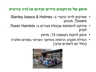 ‫אג‬ ‫וקידום‬ ‫פיזיים‬ ‫פרויקטים‬ ‫של‬ ‫מימון‬'‫עירונית‬ ‫נדה‬
•‫ב‬ ‫ציבורי‬ ‫לדיור‬ ‫פארקים‬-Stanley Isaacs & Holmes
Towers,‫מנהטן‬
•‫ב‬ ‫צעירים‬ ‫אבטלת‬ ‫להפחתת‬ ‫פרויקט‬-Tower Hamlets,
‫לונדון‬
•‫בקומונה‬ ‫להקות‬ ‫מימון‬13,‫מדאין‬
•‫אלגרה‬ ‫בפורטו‬ ‫העירוני‬ ‫והחינוך‬ ‫הרווחה‬ ‫תקציב‬ ‫הגדלת‬
(‫ארוך‬ ‫לימודים‬ ‫יום‬ ‫כולל‬)
 