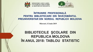 BIBLIOTECILE ŞCOLARE DIN
REPUBLICA MOLDOVA
ÎN ANUL 2018: TABLOU STATISTIC
ÎNTRUNIRE PROFESIONALĂ
PENTRU BIBLIOTECARII DIN ÎNVĂŢĂMÂNTUL
PREUNIVERSITAR DIN NORDUL REPUBLICII MOLDOVA
Miercuri, 12 iunie 2019
 