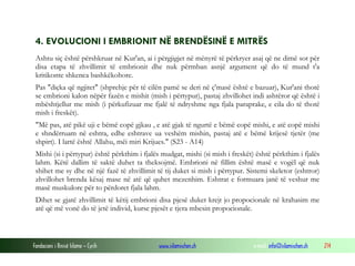 Fondacioni i Rinisë Islame — Cyrih www.islamischen.ch e-mail: info@islamischen.ch 214
4. EVOLUCIONI I EMBRIONIT NË BRENDËSINË E MITRËS
Ashtu siç është përshkruar në Kur'an, ai i përgjigjet në mënyrë të përkryer asaj që ne dimë sot për
disa etapa të zhvillimit të embrionit dhe nuk përmban asnjë argument që do të mund t'a
kritikonte shkenca bashkëkohore.
Pas "diçka që ngjitet" (shprehje për të cilën pamë se deri në ç'masë është e bazuar), Kur'ani thotë
se embrioni kalon nëpër fazën e mishit (mish i përtypur), pastaj zhvillohet indi ashtëror që është i
mbështjellur me mish (i përkufizuar me fjalë të ndryshme nga fjala paraprake, e cila do të thotë
mish i freskët).
"Më pas, atë pikë uji e bëmë copë gjkau , e atë gjak të ngurtë e bëmë copë mishi, e atë copë mishi
e shndërruam në eshtra, edhe eshtrave ua veshëm mishin, pastaj atë e bëmë krijesë tjetër (me
shpirt). I lartë është Allahu, mëi miri Krijues." (S23 - A14)
Mishi (si i përtypur) është përkthim i fjalës mudgat, mishi (si mish i freskët) është përkthim i fjalës
lahm. Këtë dallim të saktë duhet ta theksojmë. Embrioni në fillim është masë e vogël që nuk
shihet me sy dhe në një fazë të zhvillimit të tij duket si mish i përtypur. Sistemi skeletor (eshtror)
zhvillohet brenda kësaj mase në atë që quhet mezenhim. Eshtrat e formuara janë të veshur me
masë muskulore për to përdoret fjala lahm.
Dihet se gjatë zhvillimit të këtij embrioni disa pjesë duket krejt jo propocionale në krahasim me
atë që më vonë do të jetë individ, kurse pjesët e tjera mbesin propocionale.
 