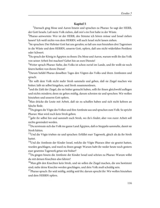 Kapitel 5
1
Darnach ging Mose und Aaron hinein und sprachen zu Pharao: So sagt der HERR,
der Gott Israels: Laß mein Volk ziehen, daß mir's ein Fest halte in der Wüste.
2
Pharao antwortete: Wer ist der HERR, des Stimme ich hören müsse und Israel ziehen
lassen? Ich weiß nichts von dem HERRN, will auch Israel nicht lassen ziehen.
3
Sie sprachen: Der Hebräer Gott hat uns gerufen; so laß uns nun hinziehen drei Tagereisen
in die Wüste und dem HERRN, unserm Gott, opfern, daß uns nicht widerfahre Pestilenz
oder Schwert.
4
Da sprach der König in Ägypten zu ihnen: Du Mose und Aaron, warum wollt ihr das Volk
von seiner Arbeit frei machen? Gehet hin an eure Dienste!
5
Weiter sprach Pharao: Siehe, des Volks ist schon zuviel im Lande, und ihr wollt sie noch
feiern heißen von ihrem Dienst!
6
Darum befahl Pharao desselben Tages den Vögten des Volks und ihren Amtleuten und
sprach:
7
Ihr sollt dem Volk nicht mehr Stroh sammeln und geben, daß sie Ziegel machen wie
bisher; laßt sie selbst hingehen, und Stroh zusammenlesen,
8
und die Zahl der Ziegel, die sie bisher gemacht haben, sollt ihr ihnen gleichwohl auflegen
und nichts mindern; denn sie gehen müßig, darum schreien sie und sprechen: Wir wollen
hinziehen und unserm Gott opfern.
9
Man drücke die Leute mit Arbeit, daß sie zu schaffen haben und sich nicht kehren an
falsche Rede.
10
Da gingen die Vögte des Volkes und ihre Amtleute aus und sprachen zum Volk: So spricht
Pharao: Man wird euch kein Stroh geben;
11
geht ihr selbst hin und sammelt euch Stroh, wo ihr's findet; aber von eurer Arbeit soll
nichts gemindert werden.
12
Da zerstreute sich das Volk ins ganze Land Ägypten, daß es Stoppeln sammelte, damit sie
Stroh hätten.
13
Und die Vögte trieben sie und sprachen: Erfüllet euer Tagewerk, gleich als da ihr Stroh
hattet.
14
Und die Amtleute der Kinder Israel, welche die Vögte Pharaos über sie gesetzt hatten,
wurden geschlagen, und ward zu ihnen gesagt: Warum habt ihr weder heute noch gestern
euer gesetztes Tagewerk getan wie bisher?
15
Da gingen hinein die Amtleute der Kinder Israel und schrien zu Pharao: Warum willst
du mit deinen Knechten also fahren?
16
Man gibt den Knechten kein Stroh, und sie sollen die Ziegel machen, die uns bestimmt
sind; siehe deine Knechte werden geschlagen, und dein Volk muß schuldig sein.
17
Pharao sprach: Ihr seid müßig, müßig seid ihr; darum sprecht ihr: Wir wollen hinziehen
und dem HERRN opfern.
116
Exodus 5
 