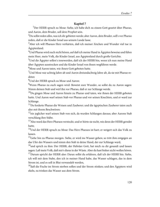 Kapitel 7
1
Der HERR sprach zu Mose: Siehe, ich habe dich zu einem Gott gesetzt über Pharao,
und Aaron, dein Bruder, soll dein Prophet sein.
2
Du sollst reden alles, was ich dir gebieten werde; aber Aaron, dein Bruder, soll's vor Pharao
reden, daß er die Kinder Israel aus seinem Lande lasse.
3
Aber ich will Pharaos Herz verhärten, daß ich meiner Zeichen und Wunder viel tue in
Ägyptenland.
4
Und Pharao wird euch nicht hören, auf daß ich meine Hand in Ägypten beweise und führe
mein Heer, mein Volk, die Kinder Israel, aus Ägyptenland durch große Gerichte.
5
Und die Ägypter sollen's innewerden, daß ich der HERR bin, wenn ich nun meine Hand
über Ägypten ausstrecken und die Kinder Israel von ihnen wegführen werde.
6
Mose und Aaron taten, wie ihnen Gott geboten hatte.
7
Und Mose war achtzig Jahre alt und Aaron dreiundachtzig Jahre alt, da sie mit Pharao re-
deten
8
Und der HERR sprach zu Mose und Aaron:
9
Wenn Pharao zu euch sagen wird: Beweist eure Wunder, so sollst du zu Aaron sagen:
Nimm deinen Stab und wirf ihn vor Pharao, daß er zur Schlange werde.
10
Da gingen Mose und Aaron hinein zu Pharao und taten, wie ihnen der HERR geboten
hatte. Und Aaron warf seinen Stab vor Pharao und vor seinen Knechten, und er ward zur
Schlange.
11
Da forderte Pharao die Weisen und Zauberer; und die ägyptischen Zauberer taten auch
also mit ihrem Beschwören:
12
ein jeglicher warf seinen Stab von sich, da wurden Schlangen daraus; aber Aarons Stab
verschlang ihre Stäbe.
13
Also ward das Herz Pharaos verstockt, und er hörte sie nicht, wie denn der HERR geredet
hatte.
14
Und der HERR sprach zu Mose: Das Herz Pharaos ist hart; er weigert sich das Volk zu
lassen.
15
Gehe hin zu Pharao morgen. Siehe, er wird ins Wasser gehen; so tritt ihm entgegen an
das Ufer des Wassers und nimm den Stab in deine Hand, der zur Schlange ward,
16
und sprich zu ihm: Der HERR, der Hebräer Gott, hat mich zu dir gesandt und lassen
sagen: Laß mein Volk, daß mir's diene in der Wüste. Aber du hast bisher nicht wollen hören.
17
Darum spricht der HERR also: Daran sollst du erfahren, daß ich der HERR bin. Siehe,
ich will mit dem Stabe, den ich in meiner Hand habe, das Wasser schlagen, das in dem
Strom ist, und es soll in Blut verwandelt werden,
18
daß die Fische im Strom sterben sollen und der Strom stinken; und den Ägyptern wird
ekeln, zu trinken das Wasser aus dem Strom.
120
Exodus 7
 