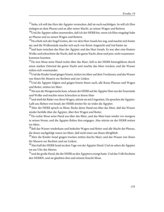 17
Siehe, ich will das Herz der Ägypter verstocken, daß sie euch nachfolgen. So will ich Ehre
einlegen an dem Pharao und an aller seiner Macht, an seinen Wagen und Reitern.
18
Und die Ägypter sollen innewerden, daß ich der HERR bin, wenn ich Ehre eingelegt habe
an Pharao und an seinen Wagen und Reitern.
19
Da erhob sich der Engel Gottes, der vor dem Heer Israels her zog, und machte sich hinter
sie; und die Wolkensäule machte sich auch von ihrem Angesicht und trat hinter sie
20
und kam zwischen das Heer der Ägypter und das Heer Israels. Es war aber eine finstere
Wolke und erleuchtete die Nacht, daß sie die ganze Nacht, diese und jene, nicht zusammen-
kommen konnten.
21
Da nun Mose seine Hand reckte über das Meer, ließ es der HERR hinwegfahren durch
einen starken Ostwind die ganze Nacht und machte das Meer trocken; und die Wasser
teilten sich voneinander.
22
Und die Kinder Israel gingen hinein, mitten ins Meer auf dem Trockenen; und das Wasser
war ihnen für Mauern zur Rechten und zur Linken.
23
Und die Ägypter folgten und gingen hinein ihnen nach, alle Rosse Pharaos und Wagen
und Reiter, mitten ins Meer.
24
Als nun die Morgenwache kam, schaute der HERR auf der Ägypter Heer aus der Feuersäule
und Wolke und machte einen Schrecken in ihrem Heer
25
und stieß die Räder von ihren Wagen, stürzte sie mit Ungestüm. Da sprachen die Ägypter:
Laßt uns fliehen von Israel; der HERR streitet für sie wider die Ägypter.
26
Aber der HERR sprach zu Mose: Recke deine Hand aus über das Meer, daß das Wasser
wieder herfalle über die Ägypter, über ihre Wagen und Reiter.
27
Da reckte Mose seine Hand aus über das Meer, und das Meer kam wieder vor morgens
in seinen Strom, und die Ägypter flohen ihm entgegen. Also stürzte sie der HERR mitten
ins Meer,
28
daß das Wasser wiederkam und bedeckte Wagen und Reiter und alle Macht des Pharao,
die ihnen nachgefolgt waren ins Meer, daß nicht einer aus ihnen übrigblieb.
29
Aber die Kinder Israel gingen trocken mitten durchs Meer; und das Wasser war ihnen
für Mauern zur Rechten und zur Linken.
30
Also half der HERR Israel an dem Tage von der Ägypter Hand. Und sie sahen die Ägypter
tot am Ufer des Meeres
31
und die große Hand, die der HERR an den Ägyptern erzeigt hatte. Und das Volk fürchtete
den HERRN, und sie glaubten ihm und seinem Knecht Mose.
135
Exodus 14
 