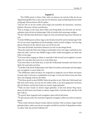 Kapitel 33
1
Der HERR sprach zu Mose: Gehe, ziehe von dannen, du und das Volk, das du aus
Ägyptenland geführt hast, in das Land, das ich Abraham, Isaak und Jakob geschworen habe
und gesagt: Deinem Samen will ich's geben;
2
und ich will vor dir her senden einen Engel und ausstoßen die Kanaaniter, Amoriter,
Hethiter, Pheresiter, Heviter und Jebusiter,
3
dich zu bringen in das Land, darin Milch und Honig fließt. Ich will nicht mit dir hin-
aufziehen, denn du bist ein halsstarriges Volk; ich möchte dich unterwegs vertilgen.
4
Da das Volk diese böse Rede hörte, trugen sie Leid, und niemand trug seinen Schmuck an
sich.
5
Und der HERR sprach zu Mose: Sage zu den Kindern Israel: Ihr seid ein halsstarriges Volk.
Wo ich nur einen Augenblick mit dir hinaufzöge, würde ich dich vertilgen. Und nun lege
deinen Schmuck von dir, daß ich wisse, was ich dir tun soll.
6
Also taten die Kinder Israel ihren Schmuck von sich vor dem Berge Horeb.
7
Mose aber nahm die Hütte und schlug sie auf draußen, ferne vom Lager, und hieß sie eine
Hütte des Stifts. Und wer den HERRN fragen wollte, mußte herausgehen zur Hütte des
Stifts vor das Lager.
8
Und wenn Mose ausging zur Hütte so stand alles Volk auf und trat ein jeglicher in seiner
Hütte Tür und sahen ihm nach, bis er in die Hütte kam.
9
Und wenn Mose in die Hütte kam, so kam die Wolkensäule hernieder und stand in der
Hütte Tür und redete mit Mose.
10
Und alles Volk sah die Wolkensäule in der Hütte Tür stehen, und standen auf und neigten
sich, ein jeglicher in seiner Hütte Tür.
11
Der HERR aber redete mit Mose von Angesicht zu Angesicht, wie ein Mann mit seinem
Freunde redet. Und wenn er wiederkehrte zum Lager, so wich sein Diener Josua, der Sohn
Nuns, der Jüngling, nicht aus der Hütte.
12
Und Mose sprach zu dem HERRN: Siehe, du sprichst zu mir: Führe das Volk hinauf! und
läßt mich nicht wissen, wen du mit mir senden willst, so du doch gesagt hast: Ich kenne
dich mit Namen, und du hast Gnade vor meinen Augen gefunden.
13
Habe ich denn Gnade vor deinen Augen gefunden, so laß mich deinen Weg wissen,
damit ich dich kenne und Gnade vor deinen Augen finde. Und siehe doch, daß dies Volk
dein Volk ist.
14
Er sprach: Mein Angesicht soll vorangehen; damit will ich dich leiten.
15
Er aber sprach zu ihm: Wo nicht dein Angesicht vorangeht, so führe uns nicht von dannen
hinauf.
16
Denn wobei soll doch erkannt werden, daß ich und dein Volk vor deinen Augen Gnade
gefunden haben, außer wenn du mit uns gehst, auf daß ich und dein Volk gerühmt werden
vor allem Volk, das auf dem Erdboden ist?
173
Exodus 33
 