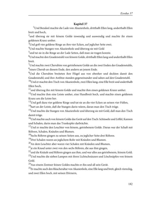 Kapitel 37
1
Und Bezaleel machte die Lade von Akazienholz, dritthalb Ellen lang, anderthalb Ellen
breit und hoch,
2
und überzog sie mit feinem Golde inwendig und auswendig und machte ihr einen
goldenen Kranz umher.
3
Und goß vier goldene Ringe an ihre vier Ecken, auf jeglicher Seite zwei.
4
Und machte Stangen von Akazienholz und überzog sie mit Gold
5
und tat sie in die Ringe an der Lade Seiten, daß man sie tragen konnte.
6
Und machte den Gnadenstuhl von feinem Golde, dritthalb Ellen lang und anderthalb Ellen
breit.
7
Und machte zwei Cherubim von getriebenem Golde an die zwei Enden des Gnadenstuhls,
8
einen Cherub an diesem Ende, den andern an jenem Ende.
9
Und die Cherubim breiteten ihre Flügel aus von obenher und deckten damit den
Gnadenstuhl; und ihre Antlitze standen gegeneinander und sahen auf den Gnadenstuhl.
10
Und er machte den Tisch von Akazienholz, zwei Ellen lang, eine Elle breit und anderthalb
Ellen hoch,
11
und überzog ihn mit feinem Golde und machte ihm einen goldenen Kranz umher.
12
Und machte ihm eine Leiste umher, eine Handbreit hoch, und machte einen goldenen
Kranz um die Leiste her.
13
Und goß dazu vier goldene Ringe und tat sie an die vier Ecken an seinen vier Füßen,
14
hart an der Leiste, daß die Stangen darin wären, daran man den Tisch trüge.
15
Und machte die Stangen von Akazienholz und überzog sie mit Gold, daß man den Tisch
damit trüge.
16
Und machte auch von feinem Golde das Gerät auf den Tisch: Schüsseln und Löffel, Kannen
und Schalen, darin man das Trankopfer darbrächte.
17
Und er machte den Leuchter von feinem, getriebenem Golde. Daran war der Schaft mit
Röhren, Schalen, Knäufen und Blumen.
18
Sechs Röhren gingen zu seinen Seiten aus, zu jeglicher Seite drei Röhren.
19
Drei Schalen waren an jeglichem Rohr mit Knäufen und Blumen.
20
An dem Leuchter aber waren vier Schalen mit Knäufen und Blumen,
21
je ein Knauf unter zwei von den sechs Röhren, die aus ihm gingen,
22
und die Knäufe und Röhren gingen aus ihm, und war alles aus getriebenem, feinem Gold.
23
Und machte die sieben Lampen mit ihren Lichtschnäuzen und Löschnäpfen von feinem
Gold.
24
Aus einem Zentner feinen Goldes machte er ihn und all sein Gerät.
25
Er machte auch den Räucheraltar von Akazienholz, eine Elle lang und breit, gleich viereckig,
und zwei Ellen hoch, mit seinen Hörnern,
182
Exodus 37
 