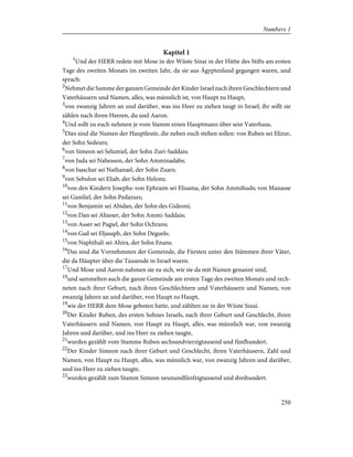 Kapitel 1
1
Und der HERR redete mit Mose in der Wüste Sinai in der Hütte des Stifts am ersten
Tage des zweiten Monats im zweiten Jahr, da sie aus Ägyptenland gegangen waren, und
sprach:
2
Nehmet die Summe der ganzen Gemeinde der Kinder Israel nach ihren Geschlechtern und
Vaterhäusern und Namen, alles, was männlich ist, von Haupt zu Haupt,
3
von zwanzig Jahren an und darüber, was ins Heer zu ziehen taugt in Israel; ihr sollt sie
zählen nach ihren Heeren, du und Aaron.
4
Und sollt zu euch nehmen je vom Stamm einen Hauptmann über sein Vaterhaus.
5
Dies sind die Namen der Hauptleute, die neben euch stehen sollen: von Ruben sei Elizur,
der Sohn Sedeurs;
6
von Simeon sei Selumiel, der Sohn Zuri-Saddais;
7
von Juda sei Nahesson, der Sohn Amminadabs;
8
von Isaschar sei Nathanael, der Sohn Zuars;
9
von Sebulon sei Eliab, der Sohn Helons;
10
von den Kindern Josephs: von Ephraim sei Elisama, der Sohn Ammihuds; von Manasse
sei Gamliel, der Sohn Pedazurs;
11
von Benjamin sei Abidan, der Sohn des Gideoni;
12
von Dan sei Ahieser, der Sohn Ammi-Saddais;
13
von Asser sei Pagiel, der Sohn Ochrans;
14
von Gad sei Eljasaph, der Sohn Deguels;
15
von Naphthali sei Ahira, der Sohn Enans.
16
Das sind die Vornehmsten der Gemeinde, die Fürsten unter den Stämmen ihrer Väter,
die da Häupter über die Tausende in Israel waren.
17
Und Mose und Aaron nahmen sie zu sich, wie sie da mit Namen genannt sind,
18
und sammelten auch die ganze Gemeinde am ersten Tage des zweiten Monats und rech-
neten nach ihrer Geburt, nach ihren Geschlechtern und Vaterhäusern und Namen, von
zwanzig Jahren an und darüber, von Haupt zu Haupt,
19
wie der HERR dem Mose geboten hatte, und zählten sie in der Wüste Sinai.
20
Der Kinder Ruben, des ersten Sohnes Israels, nach ihrer Geburt und Geschlecht, ihren
Vaterhäusern und Namen, von Haupt zu Haupt, alles, was männlich war, von zwanzig
Jahren und darüber, und ins Heer zu ziehen taugte,
21
wurden gezählt vom Stamme Ruben sechsundvierzigtausend und fünfhundert.
22
Der Kinder Simeon nach ihrer Geburt und Geschlecht, ihren Vaterhäusern, Zahl und
Namen, von Haupt zu Haupt, alles, was männlich war, von zwanzig Jahren und darüber,
und ins Heer zu ziehen taugte,
23
wurden gezählt zum Stamm Simeon neunundfünfzigtausend und dreihundert.
250
Numbers 1
 