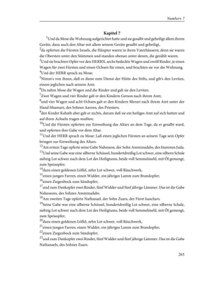 Kapitel 7
1
Und da Mose die Wohnung aufgerichtet hatte und sie gesalbt und geheiligt allem ihrem
Geräte, dazu auch den Altar mit allem seinem Geräte gesalbt und geheiligt,
2
da opferten die Fürsten Israels, die Häupter waren in ihren Vaterhäusern; denn sie waren
die Obersten unter den Stämmen und standen obenan unter denen, die gezählt waren.
3
Und sie brachten Opfer vor den HERRN, sechs bedeckte Wagen und zwölf Rinder, je einen
Wagen für zwei Fürsten und einen Ochsen für einen, und brachten sie vor die Wohnung.
4
Und der HERR sprach zu Mose:
5
Nimm's von ihnen, daß es diene zum Dienst der Hütte des Stifts, und gib's den Leviten,
einem jeglichen nach seinem Amt.
6
Da nahm Mose die Wagen und die Rinder und gab sie den Leviten.
7
Zwei Wagen und vier Rinder gab er den Kindern Gerson nach ihrem Amt;
8
und vier Wagen und acht Ochsen gab er den Kindern Merari nach ihrem Amt unter der
Hand Ithamars, des Sohnes Aarons, des Priesters;
9
den Kinder Kahath aber gab er nichts, darum daß sie ein heiliges Amt auf sich hatten und
auf ihren Achseln tragen mußten.
10
Und die Fürsten opferten zur Einweihung das Altars an dem Tage, da er gesalbt ward,
und opferten ihre Gabe vor dem Altar.
11
Und der HERR sprach zu Mose: Laß einen jeglichen Fürsten an seinem Tage sein Opfer
bringen zur Einweihung des Altars.
12
Am ersten Tage opferte seine Gabe Nahesson, der Sohn Amminadabs, des Stammes Juda.
13
Und seine Gabe war eine silberne Schüssel, hundertdreißig Lot schwer, eine silbern Schale
siebzig Lot schwer nach dem Lot des Heiligtums, beide voll Semmelmehl, mit Öl gemengt,
zum Speisopfer;
14
dazu einen goldenen Löffel, zehn Lot schwer, voll Räuchwerk,
15
einen jungen Farren, einen Widder, ein jähriges Lamm zum Brandopfer;
16
einen Ziegenbock zum Sündopfer;
17
und zum Dankopfer zwei Rinder, fünf Widder und fünf jährige Lämmer. Das ist die Gabe
Nahessons, des Sohnes Amminadabs.
18
Am zweiten Tage opferte Nathanael, der Sohn Zuars, der Fürst Isaschars.
19
Seine Gabe war eine silberne Schüssel, hundertdreißig Lot schwer, eine silberne Schale,
siebzig Lot schwer nach dem Lot des Heiligtums, beide voll Semmelmehl, mit Öl gemengt,
zum Speisopfer;
20
dazu einen goldenen Löffel, zehn Lot schwer, voll Räuchwerk,
21
einen jungen Farren, einen Widder, ein jähriges Lamm zum Brandopfer;
22
einen Ziegenbock zum Sündopfer;
23
und zum Dankopfer zwei Rinder, fünf Widder und fünf jährige Lämmer. Das ist die Gabe
Nathanaels, des Sohnes Zuars.
265
Numbers 7
 