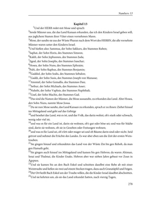 Kapitel 13
1
Und der HERR redet mit Mose und sprach:
2
Sende Männer aus, die das Land Kanaan erkunden, das ich den Kindern Israel geben will,
aus jeglichem Stamm ihrer Väter einen vornehmen Mann.
3
Mose, der sandte sie aus der Wüste Pharan nach dem Wort des HERRN, die alle vornehme
Männer waren unter den Kindern Israel.
4
Und hießen also: Sammua, der Sohn Sakkurs, des Stammes Ruben;
5
Saphat, der Sohn Horis, des Stammes Simeon;
6
Kaleb, der Sohn Jephunnes, des Stammes Juda;
7
Jigeal, der Sohn Josephs, des Stammes Isaschar;
8
Hosea, der Sohn Nuns, des Stammes Ephraim;
9
Palti, der Sohn Raphus, des Stammes Benjamin;
10
Gaddiel, der Sohn Sodis, des Stammes Sebulon;
11
Gaddi, der Sohn Susis, des Stammes Joseph von Manasse;
12
Ammiel, der Sohn Gemallis, des Stammes Dan;
13
Sethur, der Sohn Michaels, des Stammes Asser;
14
Nahebi, der Sohn Vaphsis, des Stammes Naphthali;
15
Guel, der Sohn Machis, des Stammes Gad.
16
Das sind die Namen der Männer, die Mose aussandte, zu erkunden das Land. Aber Hosea,
den Sohn Nuns, nannte Mose Josua.
17
Da sie nun Mose sandte, das Land Kanaan zu erkunden, sprach er zu ihnen: Ziehet hinauf
ins Mittagsland und geht auf das Gebirge
18
und besehet das Land, wie es ist, und das Volk, das darin wohnt, ob's stark oder schwach,
wenig oder viel ist;
19
und was es für ein Land ist, darin sie wohnen, ob's gut oder böse sei; und was für Städte
sind, darin sie wohnen, ob sie in Gezelten oder Festungen wohnen;
20
und was es für Land sei, ob's fett oder mager sei und ob Bäume darin sind oder nicht. Seid
getrost und nehmet die Früchte des Landes. Es war aber eben um die Zeit der ersten Wein-
trauben.
21
Sie gingen hinauf und erkundeten das Land von der Wüste Zin bis gen Rehob, da man
gen Hamath geht.
22
Sie gingen auch hinauf ins Mittagsland und kamen bis gen Hebron; da waren Ahiman,
Sesai und Thalmai, die Kinder Enaks. Hebron aber war sieben Jahre gebaut vor Zoan in
Ägypten.
23
Und sie kamen bis an den Bach Eskol und schnitten daselbst eine Rebe ab mit einer
Weintraube und ließen sie zwei auf einem Stecken tragen, dazu auch Granatäpfel und Feigen.
24
Der Ort heißt Bach Eskol um der Traube willen, die die Kinder Israel daselbst abschnitten.
25
Und sie kehrten um, als sie das Land erkundet hatten, nach vierzig Tagen,
278
Numbers 13
 