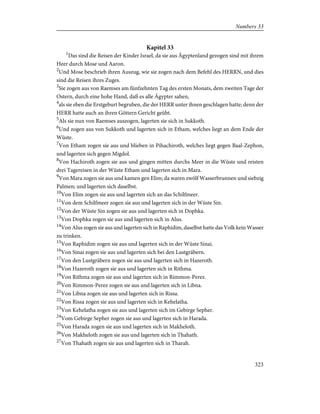Kapitel 33
1
Das sind die Reisen der Kinder Israel, da sie aus Ägyptenland gezogen sind mit ihrem
Heer durch Mose und Aaron.
2
Und Mose beschrieb ihren Auszug, wie sie zogen nach dem Befehl des HERRN, und dies
sind die Reisen ihres Zuges.
3
Sie zogen aus von Raemses am fünfzehnten Tag des ersten Monats, dem zweiten Tage der
Ostern, durch eine hohe Hand, daß es alle Ägypter sahen,
4
als sie eben die Erstgeburt begruben, die der HERR unter ihnen geschlagen hatte; denn der
HERR hatte auch an ihren Göttern Gericht geübt.
5
Als sie nun von Raemses auszogen, lagerten sie sich in Sukkoth.
6
Und zogen aus von Sukkoth und lagerten sich in Etham, welches liegt an dem Ende der
Wüste.
7
Von Etham zogen sie aus und blieben in Pihachiroth, welches liegt gegen Baal-Zephon,
und lagerten sich gegen Migdol.
8
Von Hachiroth zogen sie aus und gingen mitten durchs Meer in die Wüste und reisten
drei Tagereisen in der Wüste Etham und lagerten sich in Mara.
9
Von Mara zogen sie aus und kamen gen Elim; da waren zwölf Wasserbrunnen und siebzig
Palmen; und lagerten sich daselbst.
10
Von Elim zogen sie aus und lagerten sich an das Schilfmeer.
11
Von dem Schilfmeer zogen sie aus und lagerten sich in der Wüste Sin.
12
Von der Wüste Sin zogen sie aus und lagerten sich in Dophka.
13
Von Dophka zogen sie aus und lagerten sich in Alus.
14
Von Alus zogen sie aus und lagerten sich in Raphidim, daselbst hatte das Volk kein Wasser
zu trinken.
15
Von Raphidim zogen sie aus und lagerten sich in der Wüste Sinai.
16
Von Sinai zogen sie aus und lagerten sich bei den Lustgräbern.
17
Von den Lustgräbern zogen sie aus und lagerten sich in Hazeroth.
18
Von Hazeroth zogen sie aus und lagerten sich in Rithma.
19
Von Rithma zogen sie aus und lagerten sich in Rimmon-Perez.
20
Von Rimmon-Perez zogen sie aus und lagerten sich in Libna.
21
Von Libna zogen sie aus und lagerten sich in Rissa.
22
Von Rissa zogen sie aus und lagerten sich in Kehelatha.
23
Von Kehelatha zogen sie aus und lagerten sich im Gebirge Sepher.
24
Vom Gebirge Sepher zogen sie aus und lagerten sich in Harada.
25
Von Harada zogen sie aus und lagerten sich in Makheloth.
26
Von Makheloth zogen sie aus und lagerten sich in Thahath.
27
Von Thahath zogen sie aus und lagerten sich in Tharah.
323
Numbers 33
 