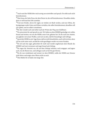 37
Auch ward der HERR über mich zornig um euretwillen und sprach: Du sollst auch nicht
hineinkommen.
38
Aber Josua, der Sohn Nuns, der dein Diener ist, der soll hineinkommen. Denselben stärke;
denn er soll Israel das Erbe austeilen.
39
Und eure Kinder, davon ihr sagtet, sie würden ein Raub werden, und eure Söhne, die
heutigestages weder Gutes noch Böses verstehen, die sollen hineinkommen; denselben will
ich's geben, und sie sollen's einnehmen.
40
Ihr aber wendet euch und ziehet nach der Wüste den Weg zum Schilfmeer.
41
Da antwortetet ihr und spracht zu mir: Wir haben an dem HERRN gesündigt; wir wollen
hinauf und streiten, wie uns der HERR, unser Gott, geboten hat. Da ihr euch nun rüstetet,
ein jeglicher mit seinen Waffen, und wart an dem, daß ihr hinaufzöget aufs Gebirge,
42
sprach der HERR zu mir: Sage ihnen, daß sie nicht hinaufziehen, auch nicht streiten, denn
ich bin nicht unter euch, auf daß ihr nicht geschlagen werdet von euren Feinden.
43
Da ich euch das sagte, gehorchtet ihr nicht und wurdet ungehorsam dem Munde des
HERRN und wart vermessen und zoget hinauf aufs Gebirge.
44
Da zogen die Amoriter aus, die auf dem Gebirge wohnten, euch entgegen, und jagten
euch, wie die Bienen tun, und schlugen euch zu Seir bis gen Horma.
45
Da ihr nun wiederkamt und weintet vor dem HERRN, wollte der HERR eure Stimme
nicht hören und neigte seine Ohren nicht zu euch.
46
Also bliebet ihr in Kades eine lange Zeit.
334
Deuteronomy 1
 