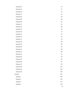 47
Genesis 24
51
Genesis 25
53
Genesis 26
55
Genesis 27
58
Genesis 28
60
Genesis 29
62
Genesis 30
65
Genesis 31
68
Genesis 32
70
Genesis 33
72
Genesis 34
74
Genesis 35
76
Genesis 36
78
Genesis 37
80
Genesis 38
82
Genesis 39
84
Genesis 40
86
Genesis 41
89
Genesis 42
91
Genesis 43
93
Genesis 44
95
Genesis 45
97
Genesis 46
99
Genesis 47
101
Genesis 48
103
Genesis 49
105
Genesis 50
107
Exodus
108
Exodus 1
110
Exodus 2
112
Exodus 3
114
Exodus 4
iii
 