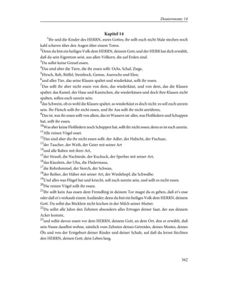 Kapitel 14
1
Ihr seid die Kinder des HERRN, eures Gottes; ihr sollt euch nicht Male stechen noch
kahl scheren über den Augen über einem Toten.
2
Denn du bist ein heiliges Volk dem HERRN, deinem Gott; und der HERR hat dich erwählt,
daß du sein Eigentum seist, aus allen Völkern, die auf Erden sind.
3
Du sollst keine Greuel essen.
4
Das sind aber die Tiere, die ihr essen sollt: Ochs, Schaf, Ziege,
5
Hirsch, Reh, Büffel, Steinbock, Gemse, Auerochs und Elen;
6
und alles Tier, das seine Klauen spaltet und wiederkäut, sollt ihr essen.
7
Das sollt ihr aber nicht essen von dem, das wiederkäut, und von dem, das die Klauen
spaltet: das Kamel, der Hase und Kaninchen, die wiederkäuen und doch ihre Klauen nicht
spalten, sollen euch unrein sein;
8
das Schwein, ob es wohl die Klauen spaltet, so wiederkäut es doch nicht: es soll euch unrein
sein. Ihr Fleisch sollt ihr nicht essen, und ihr Aas sollt ihr nicht anrühren,
9
Das ist, was ihr essen sollt von allem, das in Wassern ist: alles, was Floßfedern und Schuppen
hat, sollt ihr essen.
10
Was aber keine Floßfedern noch Schuppen hat, sollt ihr nicht essen; denn es ist euch unrein.
11
Alle reinen Vögel esset.
12
Das sind aber die ihr nicht essen sollt: der Adler, der Habicht, der Fischaar,
13
der Taucher, der Weih, der Geier mit seiner Art
14
und alle Raben mit ihrer Art,
15
der Strauß, die Nachteule, der Kuckuck, der Sperber mit seiner Art,
16
das Käuzlein, der Uhu, die Fledermaus,
17
die Rohrdommel, der Storch, der Schwan,
18
der Reiher, der Häher mit seiner Art, der Wiedehopf, die Schwalbe.
19
Und alles was Flügel hat und kriecht, soll euch unrein sein, und sollt es nicht essen.
20
Die reinen Vögel sollt ihr essen.
21
Ihr sollt kein Aas essen-dem Fremdling in deinem Tor magst du es geben, daß er's esse
oder daß er's verkaufe einem Ausländer; denn du bist ein heiliges Volk dem HERRN, deinem
Gott. Du sollst das Böcklein nicht kochen in der Milch seiner Mutter.
22
Du sollst alle Jahre den Zehnten absondern alles Ertrages deiner Saat, der aus deinem
Acker kommt,
23
und sollst davon essen vor dem HERRN, deinem Gott, an dem Ort, den er erwählt, daß
sein Name daselbst wohne, nämlich vom Zehnten deines Getreides, deines Mostes, deines
Öls und von der Erstgeburt deiner Rinder und deiner Schafe, auf daß du lernst fürchten
den HERRN, deinen Gott, dein Leben lang.
362
Deuteronomy 14
 