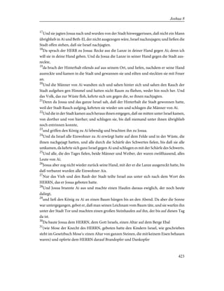 17
Und sie jagten Josua nach und wurden von der Stadt hinweggerissen, daß nicht ein Mann
übrigblieb in Ai und Beth-El, der nicht ausgezogen wäre, Israel nachzujagen; und ließen die
Stadt offen stehen, daß sie Israel nachjagten.
18
Da sprach der HERR zu Josua: Recke aus die Lanze in deiner Hand gegen Ai; denn ich
will sie in deine Hand geben. Und da Josua die Lanze in seiner Hand gegen die Stadt aus-
reckte,
19
da brach der Hinterhalt eilends auf aus seinem Ort, und liefen, nachdem er seine Hand
ausreckte und kamen in die Stadt und gewannen sie und eilten und steckten sie mit Feuer
an.
20
Und die Männer von Ai wandten sich und sahen hinter sich und sahen den Rauch der
Stadt aufgehen gen Himmel und hatten nicht Raum zu fliehen, weder hin noch her. Und
das Volk, das zur Wüste floh, kehrte sich um gegen die, so ihnen nachjagten.
21
Denn da Josua und das ganze Israel sah, daß der Hinterhalt die Stadt gewonnen hatte,
weil der Stadt Rauch aufging, kehrten sie wieder um und schlugen die Männer von Ai.
22
Und die in der Stadt kamen auch heraus ihnen entgegen, daß sie mitten unter Israel kamen,
von dorther und von hierher; und schlugen sie, bis daß niemand unter ihnen übrigblieb
noch entrinnen konnte,
23
und griffen den König zu Ai lebendig und brachten ihn zu Josua.
24
Und da Israel alle Einwohner zu Ai erwürgt hatte auf dem Felde und in der Wüste, die
ihnen nachgejagt hatten, und alle durch die Schärfe des Schwertes fielen, bis daß sie alle
umkamen, da kehrte sich ganz Israel gegen Ai und schlugen es mit der Schärfe des Schwerts.
25
Und alle, die des Tages fielen, beide Männer und Weiber, der waren zwölftausend, alles
Leute von Ai.
26
Josua aber zog nicht wieder zurück seine Hand, mit der er die Lanze ausgereckt hatte, bis
daß verbannt wurden alle Einwohner Ais.
27
Nur das Vieh und den Raub der Stadt teilte Israel aus unter sich nach dem Wort des
HERRN, das er Josua geboten hatte.
28
Und Josua brannte Ai aus und machte einen Haufen daraus ewiglich, der noch heute
daliegt,
29
und ließ den König zu Ai an einen Baum hängen bis an den Abend. Da aber die Sonne
war untergegangen, gebot er, daß man seinen Leichnam vom Baum täte, und sie warfen ihn
unter der Stadt Tor und machten einen großen Steinhaufen auf ihn, der bis auf diesen Tag
da ist.
30
Da baute Josua dem HERRN, dem Gott Israels, einen Altar auf dem Berge Ebal
31
(wie Mose der Knecht des HERRN, geboten hatte den Kindern Israel, wie geschrieben
steht im Gesetzbuch Mose's: einen Altar von ganzen Steinen, die mit keinem Eisen behauen
waren) und opferte dem HERRN darauf Brandopfer und Dankopfer
423
Joshua 8
 