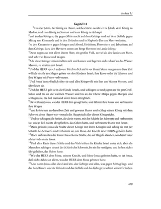 Kapitel 11
1
Da aber Jabin, der König zu Hazor, solches hörte, sandte er zu Jobab, dem König zu
Madon, und zum König zu Simron und zum König zu Achsaph
2
und zu den Königen, die gegen Mitternacht auf dem Gebirge und auf dem Gefilde gegen
Mittag von Kinneroth und in den Gründen und in Naphoth-Dor am Meer wohnten,
3
zu den Kanaanitern gegen Morgen und Abend, Hethitern, Pheresitern und Jebusitern, auf
dem Gebirge, dazu den Hevitern unten am Berge Hermon im Lande Mizpa.
4
Diese zogen aus mit allem ihrem Heer, ein großes Volk, so viel als des Sandes am Meer,
und sehr viel Rosse und Wagen.
5
Alle diese Könige versammelten sich und kamen und lagerten sich zuhauf an das Wasser
Merom, zu streiten mit Israel.
6
Und der HERR sprach zu Josua: Fürchte dich nicht vor ihnen! denn morgen um diese Zeit
will ich sie alle erschlagen geben vor den Kindern Israel; ihre Rosse sollst du Lähmen und
ihre Wagen mit Feuer verbrennen.
7
Und Josua kam plötzlich über sie und alles Kriegsvolk mit ihm am Wasser Merom, und
überfielen sie.
8
Und der HERR gab sie in die Hände Israels, und schlugen sie und jagten sie bis gen Groß-
Sidon und bis an die warmen Wasser und bis an die Ebene Mizpa gegen Morgen und
schlugen sie, bis daß niemand unter ihnen übrigblieb.
9
Da tat ihnen Josua, wie der HERR ihm gesagt hatte, und lähmte ihre Rosse und verbrannte
ihre Wagen
10
und kehrte um zu derselben Zeit und gewann Hazor und schlug seinen König mit dem
Schwert; denn Hazor war vormals die Hauptstadt aller dieser Königreiche.
11
Und sie schlugen alle Seelen, die darin waren, mit der Schärfe des Schwerts und verbannten
sie, und er ließ nichts übrigbleiben, das Odem hatte, und verbrannte Hazor mit Feuer.
12
Dazu gewann Josua alle Städte dieser Könige mit ihren Königen und schlug sie mit der
Schärfe des Schwerts und verbannte sie, wie Mose, der Knecht des HERRN, geboten hatte.
13
Doch verbrannten die Kinder Israel keine Städte, die auf Hügeln standen, sondern Hazor
allein verbrannte Josua.
14
Und allen Raub dieser Städte und das Vieh teilten die Kinder Israel unter sich; aber alle
Menschen schlugen sie mit der Schärfe des Schwerts, bis sie die vertilgten, und ließen nichts
übrigbleiben, das Odem hatte.
15
Wie der HERR dem Mose, seinem Knecht, und Mose Josua geboten hatte, so tat Josua,
daß nichts fehlte an allem, was der HERR dem Mose geboten hatte.
16
Also nahm Josua alles dies Land ein, das Gebirge und alles, was gegen Mittag liegt, und
das Land Gosen und die Gründe und das Gefilde und das Gebirge Israel mit seinen Gründen,
430
Joshua 11
 