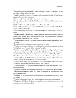 20
Den Geschlechtern aber der andern Kinder Kahath, den Leviten, wurden durch ihr Los
vier Städte von dem Stamm Ephraim;
21
sie gaben ihnen die Freistadt der Totschläger, Sichem und seine Vorstädte auf dem Gebirge
Ephraim, Geser und seine Vorstädte,
22
Kibzaim und seine Vorstädte, Beth-Horon und seine Vorstädte.
23
Von dem Stamme Dan vier Städte: Eltheke und seine Vorstädte, Gibbethon und seine
Vorstädte,
24
Ajalon und seine Vorstädte, Gath-Rimmon und seine Vorstädte.
25
Von dem halben Stamm Manasse zwei Städte: Thaanach und seine Vorstädte, Gath-
Rimmon und seine Vorstädte,
26
daß alle Städte der Geschlechter der andern Kinder Kahath waren zehn mit ihren Vor-
städten.
27
Den Kindern aber Gerson aus den Geschlechtern der Leviten wurden gegeben von dem
halben Stamm Manasse zwei Städte: die Freistadt für die Totschläger, Golan in Basan, und
sein Vorstädte, Beesthra und seine Vorstädte.
28
Von dem Stamme Isaschar vier Städte: Kisjon und seine Vorstädte, Dabrath und seine
Vorstädte,
29
Jarmuth und seine Vorstädte, En-Gannim und seine Vorstädte.
30
Von dem Stamm Asser vier Städte: Miseal und seine Vorstädte, Abdon und seine Vorstädte,
31
Helkath und seine Vorstädte, Rehob und seine Vorstädte.
32
Von dem Stamm Naphthali drei Städte: die Freistadt für die Totschläger, Kedes in Galiläa,
und seine Vorstädte, Hammoth-Dor und seine Vorstädte, Karthan und seine Vorstädte,
33
daß alle Städte des Geschlechts der Gersoniter waren dreizehn mit ihren Vorstädten.
34
Den Geschlechtern aber der Kinder Merari, den andern Leviten, wurden gegeben von
dem Stamm Sebulon vier Städte: Jokneam und seine Vorstädte, Kartha und seine Vorstädte,
35
Dimna und seine Vorstädte, Nahalal und seine Vorstädte.
36
Von dem Stamm Ruben vier Städte: Bezer und seine Vorstädte, Jahza und seine Vorstädte,
37
Kedemoth und seine Vorstädte, Mephaath und seine Vorstädte.
38
Von dem Stamme Gad vier Städte: die Freistadt für die Totschläger, Ramoth in Gilead,
und seine Vorstädte,
39
Mahanaim und seine Vorstädte, Hesbon und seine Vorstädte, Jaser und seine Vorstädte,
40
daß alle Städte der Kinder Merari nach ihren Geschlechtern, der andern Leviten, nach
ihrem Los waren zwölf.
41
Alle Städte der Leviten unter dem Erbe der Kinder Israel waren achtundvierzig mit ihren
Vorstädten.
42
Und eine jegliche dieser Städte hatte ihre Vorstadt um sich her, eine wie die andere.
43
Also gab der HERR Israel alles Land, das er geschworen hatte ihren Vätern zu geben, und
sie nahmen es ein und wohnten darin.
450
Joshua 21
 
