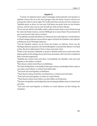 Kapitel 12
1
Und die von Ephraim kamen zuhauf und gingen mitternachtwärts und sprachen zu
Jephthah: Warum bist du in den Streit gezogen wider die Kinder Ammon und hast uns
nicht gerufen, daß wir mit dir zögen? Wir wollen dein Haus samt dir mit Feuer verbrennen.
2
Jephthah sprach zu ihnen: ich und mein Volk hatten eine große Sache mit den Kindern
Ammon, und ich schrie euch an, aber ihr halft mir nicht aus ihren Händen.
3
Da ich nun sah, daß ihr nicht helfen wolltet, stellte ich meine Seele in meine Hand und zog
hin wider die Kinder Ammon, und der HERR gab sie in meine Hand. Warum kommt ihr
nun zu mir herauf, wider mich zu streiten?
4
Und Jephthah sammelte alle Männer in Gilead und stritt wider Ephraim. Und die Männer
in Gilead schlugen Ephraim, darum daß sie sagten: Seid doch ihr Gileaditer unter Ephraim
und Manasse als die Flüchtigen Ephraims.
5
Und die Gileaditer nahmen ein die Furten des Jordans vor Ephraim. Wenn nun die
Flüchtigen Ephraims sprachen: Laß mich hinübergehen! so sprachen die Männer von Gilead
zu Ihm: Bist du ein Ephraimiter? Wenn er dann antwortete: Nein!
6
hießen sie ihn sprechen: Schiboleth; so sprach er Siboleth und konnte es nicht recht reden;
alsdann griffen sie ihn schlugen ihn an den Furten des Jordans, daß zu der Zeit von Ephraim
fielen zweiundvierzigtausend.
7
Jephthah aber richtete Israel sechs Jahre. Und Jephthah, der Gileaditer, starb und ward
begraben in den Städten zu Gilead.
8
Nach diesem richtete Israel Ebzan von Bethlehem.
9
Der hatte dreißig Söhne, und dreißig Töchter gab er hinaus, und dreißig Töchter nahm er
von außen seinen Söhnen; er richtete Israel sieben Jahre
10
und starb und ward begraben zu Bethlehem.
11
Nach diesem richtete Israel Elon, ein Sebuloniter; er richtete Israel zehn Jahre
12
und starb und ward begraben zu Ajalon im Lande Sebulon.
13
Nach diesem richtete Israel Abdon, ein Sohn Hillels, ein Pirathoniter.
14
der hatte vierzig Söhne und dreißig Enkel, die auf siebzig Eselsfüllen ritten; er richtete Israel
acht Jahre
15
und starb und ward begraben zu Pirathon im Lande Ephraim auf dem Gebirge der
Amalekiter.
486
Judges 12
 