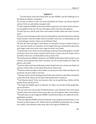 Kapitel 13
1
Und die Kinder Israel taten fürder übel vor dem HERRN; und der HERR gab sie in
die Hände der Philister vierzig Jahre.
2
Es war aber ein Mann zu Zora von einem Geschlecht der Daniter, mit Namen Manoah;
und sein Weib war unfruchtbar und gebar nicht.
3
Und der Engel des HERRN erschien dem Weibe und sprach zu ihr: Siehe, du bist unfrucht-
bar und gebierst nicht; aber du wirst schwanger werden und einen Sohn gebären.
4
So hüte dich nun, daß du nicht Wein noch starkes Getränk trinkst und nichts Unreines
essest;
5
Denn du wirst schwanger werden und einen Sohn gebären, dem kein Schermesser soll aufs
Haupt kommen. Denn der Knabe wird ein Geweihter Gottes sein von Mutterleibe an; und
er wird anfangen, Israel zu erlösen aus der Philister Hand.
6
Da kam das Weib und sagte es ihrem Mann an und sprach: Es kam ein Mann Gottes zu
mir, und seine Gestalt war anzusehen wie ein Engel Gottes, gar erschrecklich, daß ich ihn
nicht fragte, woher oder wohin; und er sagte mir nicht, wie er hieße.
7
Er sprach aber zu mir: Siehe, du wirst schwanger werden und einen Sohn gebären. So trinke
nun keinen Wein noch starkes Getränk und iß nichts Unreines; denn der Knabe soll ein
Geweihter Gottes sein von Mutterleibe an bis an seinen Tod.
8
Da bat Manoah den HERRN und sprach: Ach HERR, laß den Mann Gottes wieder zu uns
kommen, den du gesandt hast, daß er uns lehre, was wir mit dem Knaben tun sollen, der
geboren soll werden.
9
Und Gott erhörte die Stimme Manoahs; und der Engel Gottes kam wieder zum Weibe. Sie
saß aber auf dem Felde, und ihr Mann Manoah war nicht bei ihr.
10
Da lief sie eilend und sagte es ihrem Mann an und sprach zu ihm: Siehe, der Mann ist mir
erschienen, der jenes Tages zu mir kam.
11
Manoah machte sich auf und ging seinem Weibe nach und kam zu dem Mann und sprach
zu ihm: Bist du der Mann, der mit dem Weibe geredet hat? Er sprach: Ja.
12
Und Manoah sprach: Wenn nun kommen wird, was du geredet hast, welches soll des
Knaben Weise und Werk sein?
13
Der Engel des HERRN sprach zu Manoah: Vor allem, was ich dem Weibe gesagt habe,
soll sie sich hüten.
14
Sie soll nicht essen was aus dem Weinstock kommt, und soll keinen Wein noch starkes
Getränk trinken und nichts Unreines essen; alles, was ich ihr geboten habe, soll sie halten.
15
Manoah sprach zu dem Engel des HERRN: Laß dich doch halten; wir wollen dir ein Zie-
genböcklein zurichten.
16
Aber der Engel des HERRN antwortete Manoah: Wenn du gleich mich hier hältst, so esse
ich doch von deiner Speise nicht. Willst du aber dem HERRN ein Brandopfer tun, so magst
du es opfern. Denn Manoah wußte nicht, daß es der Engel des HERRN war.
487
Judges 13
 