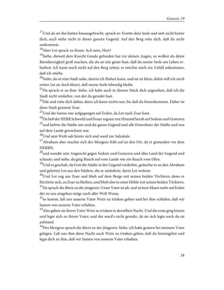 17
Und als sie ihn hatten hinausgebracht, sprach er: Errette dein Seele und sieh nicht hinter
dich; auch stehe nicht in dieser ganzen Gegend. Auf den Berg rette dich, daß du nicht
umkommst.
18
Aber Lot sprach zu ihnen: Ach nein, Herr!
19
Siehe, dieweil dein Knecht Gnade gefunden hat vor deinen Augen, so wollest du deine
Barmherzigkeit groß machen, die du an mir getan hast, daß du meine Seele am Leben er-
hieltest. Ich kann mich nicht auf den Berg retten; es möchte mich ein Unfall ankommen,
daß ich stürbe.
20
Siehe, da ist eine Stadt nahe, darein ich fliehen kann, und sie ist klein; dahin will ich mich
retten (ist sie doch klein), daß meine Seele lebendig bleibe.
21
Da sprach er zu ihm: Siehe, ich habe auch in diesem Stück dich angesehen, daß ich die
Stadt nicht umkehre, von der du geredet hast.
22
Eile und rette dich dahin; denn ich kann nichts tun, bis daß du hineinkommst. Daher ist
diese Stadt genannt Zoar.
23
Und die Sonne war aufgegangen auf Erden, da Lot nach Zoar kam.
24
Da ließ der HERR Schwefel und Feuer regnen von Himmel herab auf Sodom und Gomorra
25
und kehrte die Städte um und die ganze Gegend und alle Einwohner der Städte und was
auf dem Lande gewachsen war.
26
Und sein Weib sah hinter sich und ward zur Salzsäule.
27
Abraham aber machte sich des Morgens früh auf an den Ort, da er gestanden vor dem
HERRN,
28
und wandte sein Angesicht gegen Sodom und Gomorra und alles Land der Gegend und
schaute; und siehe, da ging Rauch auf vom Lande wie ein Rauch vom Ofen.
29
Und es geschah, da Gott die Städte in der Gegend verderbte, gedachte er an den Abraham
und geleitete Lot aus den Städten, die er umkehrte, darin Lot wohnte.
30
Und Lot zog aus Zoar und blieb auf dem Berge mit seinen beiden Töchtern; denn er
fürchtete sich, zu Zoar zu bleiben; und blieb also in einer Höhle mit seinen beiden Töchtern.
31
Da sprach die ältere zu der jüngeren: Unser Vater ist alt, und ist kein Mann mehr auf Erden
der zu uns eingehen möge nach aller Welt Weise;
32
so komm, laß uns unserm Vater Wein zu trinken geben und bei ihm schlafen, daß wir
Samen von unserm Vater erhalten.
33
Also gaben sie ihrem Vater Wein zu trinken in derselben Nacht. Und die erste ging hinein
und legte sich zu ihrem Vater; und der ward's nicht gewahr, da sie sich legte noch da sie
aufstand.
34
Des Morgens sprach die ältere zu der jüngeren: Siehe, ich habe gestern bei meinem Vater
gelegen. Laß uns ihm diese Nacht auch Wein zu trinken geben, daß du hineingehst und
legst dich zu ihm, daß wir Samen von unserm Vater erhalten.
38
Genesis 19
 