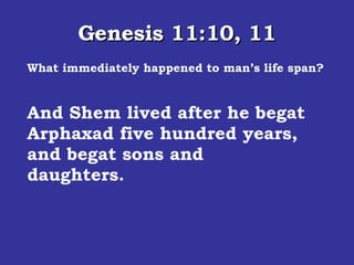 Genesis 11:10, 11 What immediately happened to man’s life span? These [ are ] the generations of Shem: Shem [ was ] an hundred years old, and begat Arphaxad two years after the flood:  And Shem lived after he begat Arphaxad five hundred years, and begat sons and daughters.  