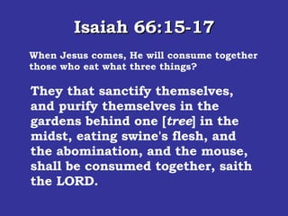 Isaiah 66:15-17 When Jesus comes, He will consume together those who eat what three things? For, behold, the LORD will come with fire, and with his chariots like a whirlwind, to render his anger with fury, and his rebuke with flames of fire.  For by fire and by his sword will the LORD plead with all flesh: and the slain of the LORD shall be many.  They that sanctify themselves, and purify themselves in the gardens behind one [ tree ] in the midst, eating swine's flesh, and the abomination, and the mouse, shall be consumed together, saith the LORD.  
