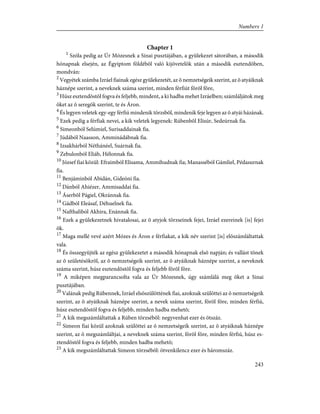 Chapter 1
1
Szóla pedig az Úr Mózesnek a Sinai pusztájában, a gyülekezet sátorában, a második
hónapnak elsején, az Égyiptom földébõl való kijövetelök után a második esztendõben,
mondván:
2
Vegyétek számba Izráel fiainak egész gyülekezetét, az õ nemzetségeik szerint, az õ atyáiknak
háznépe szerint, a neveknek száma szerint, minden férfiút fõrõl fõre,
3
Húsz esztendõstõl fogva és feljebb, mindent, a ki hadba mehet Izráelben; számláljátok meg
õket az õ seregök szerint, te és Áron.
4
És legyen veletek egy-egy férfiú mindenik törzsbõl, mindenik feje legyen az õ atyái házának.
5
Ezek pedig a férfiak nevei, a kik veletek legyenek: Rúbenbõl Elisúr, Sedeúrnak fia.
6
Simeonból Selúmiel, Surisaddainak fia.
7
Júdából Naasson, Amminádábnak fia.
8
Izsakhárból Néthánéel, Suárnak fia.
9
Zebulonból Eliáb, Hélonnak fia.
10
József fiai közül: Efraimból Elisama, Ammihudnak fia; Manasséból Gámliel, Pédasurnak
fia.
11
Benjáminból Abidán, Gideóni fia.
12
Dánból Ahiézer, Ammisaddai fia.
13
Áserbõl Págiel, Okránnak fia.
14
Gádból Eleásaf, Déhuelnek fia.
15
Nafthaliból Akhira, Enánnak fia.
16
Ezek a gyülekezetnek hivatalosai, az õ atyjok törzseinek fejei, Izráel ezereinek [is] fejei
õk.
17
Maga mellé vevé azért Mózes és Áron e férfiakat, a kik név szerint [is] elõszámláltattak
vala.
18
És összegyüjték az egész gyülekezetet a második hónapnak elsõ napján; és vallást tõnek
az õ születésökrõl, az õ nemzetségeik szerint, az õ atyáiknak háznépe szerint, a neveknek
száma szerint, húsz esztendõstõl fogva és feljebb fõrõl fõre.
19
A miképen megparancsolta vala az Úr Mózesnek, úgy számlálá meg õket a Sinai
pusztájában.
20
Valának pedig Rúbennek, Izráel elsõszülöttének fiai, azoknak szülöttei az õ nemzetségeik
szerint, az õ atyáiknak háznépe szerint, a nevek száma szerint, fõrõl fõre, minden férfiú,
húsz esztendõstõl fogva és feljebb, minden hadba mehetõ;
21
A kik megszámláltattak a Rúben törzsébõl: negyvenhat ezer és ötszáz.
22
Simeon fiai közül azoknak szülöttei az õ nemzetségeik szerint, az õ atyáiknak háznépe
szerint, az õ megszámláltjai, a neveknek száma szerint, fõrõl fõre, minden férfiú, húsz es-
ztendõstõl fogva és feljebb, minden hadba mehetõ;
23
A kik megszámláltattak Simeon törzsébõl: ötvenkilencz ezer és háromszáz.
243
Numbers 1
 