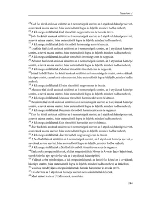 24
Gád fiai közül azoknak szülöttei az õ nemzetségeik szerint, az õ atyáiknak háznépe szerint,
a neveknek száma szerint, húsz esztendõstõl fogva és feljebb, minden hadba mehetõ;
25
A kik megszámláltattak Gád törzsébõl: negyvenöt ezer és hatszáz ötven.
26
Júda fiai közül azoknak szülöttei az õ nemzetségeik szerint, az õ atyáiknak háznépe szerint,
a nevek száma szerint, húsz esztendõstõl fogva és feljebb, minden hadba mehetõ;
27
A kik megszámláltattak Júda törzsébõl: hetvennégy ezer és hatszáz.
28
Izsakhár fiai közül azoknak szülöttei az õ nemzetségeik szerint, az õ atyáiknak háznépe
szerint, a nevek száma szerint, húsz esztendõstõl fogva és feljebb, minden hadba mehetõ;
29
A kik megszámláltattak Izsakhár törzsébõl: ötvennégy ezer és négyszáz.
30
Zebulon fiai közül azoknak szülöttei az õ nemzetségeik szerint, az õ atyáiknak háznépe
szerint, a nevek száma szerint, húsz esztendõstõl fogva és feljebb, minden hadba mehetõ;
31
A kik megszámláltattak Zebulon törzsébõl: ötvenhét ezer és négyszáz.
32
József fiaiból Efraim fiai közül azoknak szülöttei az õ nemzetségeik szerint, az õ atyáiknak
háznépe szerint, a neveknek száma szerint, húsz esztendõstõl fogva és feljebb, minden hadba
mehetõ;
33
A kik megszámláltattak Efraim törzsébõl: negyvenezer és ötszáz.
34
Manasse fiai közül azoknak szülöttei az õ nemzetségeik szerint, az õ atyáiknak háznépe
szerint, a nevek száma szerint, húsz esztendõstõl fogva és feljebb, minden hadba mehetõ;
35
A kik megszámláltattak Manasse törzsébõl: harminczkét ezer és kétszáz.
36
Benjámin fiai közül azoknak szülöttei az õ nemzetségeik szerint, az õ atyáiknak háznépe
szerint, a nevek száma szerint, húsz esztendõstõl fogva és feljebb, minden hadba mehetõ;
37
A kik megszámláltattak Benjámin törzsébõl: harminczöt ezer és négyszáz.
38
Dán fiai közül azoknak szülöttei az õ nemzetségeik szerint, az õ atyáiknak háznépe szerint,
a nevek száma szerint, húsz esztendõstõl fogva és feljebb, minden hadba mehetõ;
39
A kik megszámláltattak Dán törzsébõl: hatvankét ezer és hétszáz.
40
Áser fiai közül azoknak szülöttei az õ nemzetségeik szerint, az õ atyáiknak háznépe szerint,
a neveknek száma szerint, húsz esztendõstõl fogva és feljebb, minden hadba mehetõ;
41
A kik megszámláltattak Áser törzsébõl: negyvenegy ezer és ötszáz.
42
A Nafthali fiainak szülöttei az õ nemzetségeik szerint, az õ atyáiknak háznépe szerint, a
neveknek száma szerint, húsz esztendõstõl fogva és feljebb, minden hadba mehetõ;
43
A kik megszámláltattak a Nafthali törzsébõl: ötvenhárom ezer és négyszáz.
44
Ezek azok a megszámláltattak, a kiket megszámláltak Mózes és Áron és Izráel fejedelmei,
tizenkét férfiú; egy-egy férfiú vala az õ atyáiknak házanépébõl.
45
Valának azért mindnyájan, a kik megszámláltattak az Izráel fiai közûl az õ atyáiknak
háznépe szerint, húsz esztendõstõl fogva és feljebb, minden hadba mehetõ az Izráelben;
46
Valának mindnyájan a megszámláltattak: hatszáz háromezer és ötszáz ötven.
47
De a léviták az õ atyáiknak háznépe szerint nem számláltattak közéjök.
48
Mert szólott vala az Úr Mózesnek, mondván:
244
Numbers 1
 