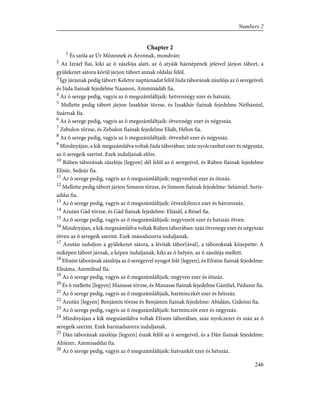 Chapter 2
1
És szóla az Úr Mózesnek és Áronnak, mondván:
2
Az Izráel fiai, kiki az õ zászlója alatt, az õ atyáik háznépének jeleivel járjon tábort, a
gyülekezet sátora körül járjon tábort annak oldalai felõl.
3
Így járjanak pedig tábort: Keletre naptámadat felõl Júda táborának zászlója az õ seregeivel;
és Júda fiainak fejedelme Naasson, Amminádáb fia.
4
Az õ serege pedig, vagyis az õ megszámláltjaik: hetvennégy ezer és hatszáz.
5
Mellette pedig tábort járjon Izsakhár törzse, és Izsakhár fiainak fejedelme Néthánéel,
Suárnak fia.
6
Az õ serege pedig, vagyis az õ megszámláltjaik: ötvennégy ezer és négyszáz.
7
Zebulon törzse, és Zebulon fiainak fejedelme Eliáb, Hélon fia.
8
Az õ serege pedig, vagyis az õ megszámláltjaik: ötvenhét ezer és négyszáz.
9
Mindnyájan, a kik megszámlálva voltak Júda táborában: száz nyolcvanhat ezer és négyszáz,
az õ seregeik szerint. Ezek induljanak elõre.
10
Rúben táborának zászlója [legyen] dél felõl az õ seregeivel, és Rúben fiainak fejedelme
Elisúr, Sedeúr fia.
11
Az õ serege pedig, vagyis az õ megszámláltjaik: negyvenhat ezer és ötszáz.
12
Mellette pedig tábort járjon Simeon törzse, és Simeon fiainak fejedelme: Selúmiel, Suris-
addai fia.
13
Az õ serege pedig, vagyis az õ megszámláltjaik: ötvenkilencz ezer és háromszáz.
14
Azután Gád törzse, és Gád fiainak fejedelme: Eliásáf, a Réuel fia.
15
Az õ serege pedig, vagyis az õ megszámláltjaik: negyvenöt ezer és hatszáz ötven.
16
Mindnyájan, a kik megszámlálva voltak Rúben táborában: száz ötvenegy ezer és négyszáz
ötven az õ seregeik szerint. Ezek másodszorra induljanak.
17
Azután induljon a gyülekezet sátora, a léviták tábor[ával], a táboroknak közepette: A
miképen tábort járnak, a képen induljanak, kiki az õ helyén, az õ zászlója mellett.
18
Efraim táborának zászlója az õ seregeivel nyugot felé [legyen], és Efraim fiainak fejedelme:
Elisáma, Ammihud fia.
19
Az õ serege pedig, vagyis az õ megszámláltjaik: negyven ezer és ötszáz.
20
És õ mellette [legyen] Manasse törzse, és Manasse fiainak fejedelme Gámliel, Pédasur fia.
21
Az õ serege pedig, vagyis az õ megszámláltjaik, harminczkét ezer és hétszáz.
22
Azután [legyen] Benjámin törzse és Benjámin fiainak fejedelme: Abidám, Gideóni fia.
23
Az õ serege pedig, vagyis az õ megszámláltjaik: harminczöt ezer és négyszáz.
24
Mindnyájan a kik megszámlálva voltak Efraim táborában, száz nyolczezer és száz az õ
seregeik szerint. Ezek harmadszorra induljanak.
25
Dán táborának zászlója [legyen] észak felõl az õ seregeivel, és a Dán fiainak fejedelme:
Ahiézer, Ammisaddai fia.
26
Az õ serege pedig, vagyis az õ megszámláltjaik: hatvankét ezer és hétszáz.
246
Numbers 2
 