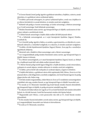 25
A Gerson fiainak [tiszte] pedig: ügyelni a gyülekezet sátorában, a hajlékra, a sátorra, annak
takarójára, és a gyülekezet sátora nyílásának leplére.
26
Továbbá a pitvarnak szõnyegeire, és a pitvar nyílásának leplére, a mely van a hajlékon és
az oltáron köröskörül, és annak köteleire, és minden azzal járó szolgálatra.
27
Kéháttól való pedig az Amrám nemzetsége, az Iczhár nemzetsége, a Hebron nemzetsége
és az Uzziél nemzetsége: Ezek Kéhátnak nemzetségei.
28
Minden finemûnek száma szerint, egy hónapostól fogva és feljebb, nyolczezeren és hat-
százan valának a szenthelynek õrizõi.
29
A Kéhát fiainak nemzetségei a hajlék oldala mellett dél felõl járjanak tábort.
30
És a Kéhátiták nemzetségének, az õ atyái háznépének fejedelme [legyen] Elisáfán,
Uzziélnek fia.
31
Az õ [tisztök] pedig, ügyelni a ládára, az asztalra, a gyertyatartóra, az oltárokra és a szen-
thelynek edényeire, a melyekkel szolgálnak, és a takaróra, és minden azzal járó szolgálatra.
32
Továbbá a léviták fejedelmeinek fejedelme [legyen] Eleázár, Áron pap fia: a szenthelyre
ügyelõknek elõljárója.
33
Méráritól való a Makhli és Músi nemzetségei; ezek a Mérári nemzetségei.
34
Az õ megszámláltjaik pedig minden finemûnek száma szerint, egy hónapostól fogva és
feljebb: hatezer és kétszáz.
35
És a Mérári nemzetségének, az õ atyái háznépének fejedelme [legyen] Suriel, az Abihail
fia; a hajléknak észak felõl való oldala mellett járjanak tábort.
36
A Mérári fiainak pedig tisztök legyen felügyelni: a hajlék deszkáira, annak reteszrúdaira,
oszlopaira és annak talpaira, minden edényeire és minden azzal járó szolgálatra;
37
Továbbá a pitvar körül való oszlopokra és azoknak talpaira, szegeire és köteleire.
38
A hajlék elõtt keletre, a gyülekezet sátora elõtt naptámadat felõl, Mózes, Áron és az õ fiai
járjanak tábort, a kik felügyelnek a szenthely szolgálatára, [és] Izráel fiainak ügyeire; ha pedig
idegen járulna oda, haljon meg.
39
A léviták minden megszámláltja, a kiket Mózes és Áron az Úr rendeletére nemzetségenként
számláltak vala meg, minden finemû, az egy hónapostól fogva és feljebb: huszonkét ezer.
40
És monda az Úr Mózesnek: Számláld meg Izráel fiainak minden finemû elsõszülöttét,
egy hónapostól fogva és feljebb, és pedig névszerint számláld meg õket.
41
És válaszd a lévitákat nékem (én vagyok az Úr) az Izráel fiai közül való minden elsõszülött
helyett; és a léviták barmait, Izráel fiai barmainak minden elsõ fajzása helyett.
42
Megszámlálá azért Mózes, a mint parancsolta vala néki az Úr, Izráel fiainak minden
elsõszülöttét.
43
És lõn minden finemû elsõszülött a nevek száma szerint, egy hónapostól fogva és feljebb,
az õ megszámláltjaik: huszonkét ezer kétszáz és hetvenhárom.
44
És szóla az Úr Mózesnek, mondván:
249
Numbers 3
 