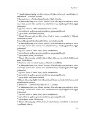 23
Hálaadó áldozatul pedig két ökröt, öt kost, öt bakot, öt bárányt, esztendõsöket. Ez
Néthanéelnek a Suár fiának áldozata.
24
Harmadik napon a Zebulon fiainak fejedelme: Eliáb, Hélon fia.
25
Az õ áldozata volt egy ezüst tál, száz harmincz siklus súlyú, egy ezüst medencze, hetven
siklus súlyú, a szent siklus szerint, mind a kettõ telve vala olajjal elegyített lisztlánggal,
ételáldozatul.
26
Egy arany csésze, tíz [siklus súlyú] füstölõ szerekkel telve.
27
Egy fiatal tulok, egy kos, egy esztendõs bárány, egészen égõáldozatul.
28
Egy kecskebak, bûnért való áldozatul.
29
Hálaadó áldozatul pedig két ökör, öt kos, öt bak, öt bárány, esztendõsök. Ez Eliábnak,
Hélon fiának áldozata.
30
Negyedik napon a Rúben fiainak fejedelme: Elisúr, Sedeúrnak fia.
31
Az õ áldozata volt egy ezüst tál, száz harmincz siklus súlyú, egy ezüst medencze, hetven
siklus súlyú, a szent siklus szerint, mind a kettõ telve vala olajjal elegyített lisztlánggal,
ételáldozatul.
32
Egy arany csésze, tíz [siklus súlyú], füstölõ szerekkel telve.
33
Egy fiatal tulok, egy kos, egy esztendõs bárány, egészen égõáldozatul.
34
Egy kecskebak bûnért való áldozatul.
35
Hálaadó áldozatul pedig két ökör, öt kos, öt bak, öt bárány, esztendõsök. Ez Elisúrnak,
Sedeúr fiának áldozata.
36
Ötödnapon a Simeon fiainak fejedelme: Selúmiel, Surisaddai fia.
37
Az õ áldozata volt egy ezüst tál, száz harmincz siklus súlyú, egy ezüst medencze, hetven
siklus súlyú, a szent siklus szerint, mind a kettõ telve vala olajjal elegyített lisztlánggal,
ételáldozatul.
38
Egy arany csésze, tíz [siklus súlyú], füstölõ szerekkel telve.
39
Egy fiatal tulok, egy kos, egy esztendõs bárány, egészen égõáldozatul.
40
Egy kecskebak, bûnért való áldozatul.
41
Hálaadó áldozatul pedig két ökör, öt kos, öt bak, öt bárány, esztendõsök. Ez Selúmielnek,
Surisaddai fiának áldozata.
42
Hatodnapon a Gád fiainak fejedelme: Éliásáf, a Dehuél fia.
43
Az õ áldozata volt egy ezüst tál, száz harmincz siklus súlyú, egy ezüst medencze, hetven
siklus súlyú, a szent siklus szerint, mind a kettõ telve vala olajjal elegyített lisztlánggal,
ételáldozatul.
44
Egy arany csésze, tíz [siklus súlyú], füstölõ szerekkel telve.
45
Egy fiatal tulok, egy kos, egy esztendõs bárány, egészen égõáldozatul.
46
Egy kecskebak bûnért való áldozatul.
47
Hálaadó áldozatul pedig két ökör, öt kos, öt bak, öt bárány, esztendõsök. Ez Eliásáfnak,
Dehuél fiának áldozata.
259
Numbers 7
 